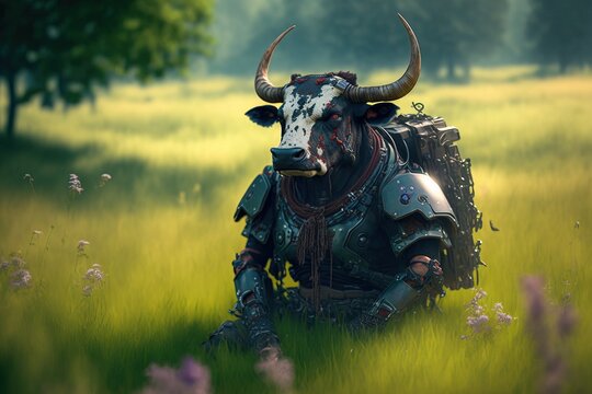 anthropomorphic Cow as a warrior. Generative AI