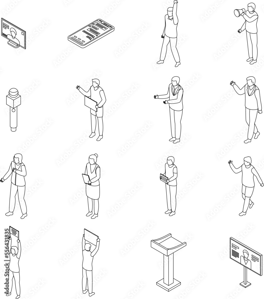 Poster agitation icons set. isometric set of agitation vector icons for web design isolated on white backgr