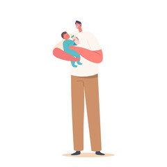 Dad Feed Newborn Baby with Bottle. Male Character on Maternity Leave, Single Father Raising Child. Little Baby with Dad