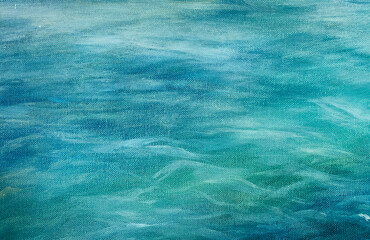 Blue, Green and grey Abstract Art Painting background. Hand drawn oil painting on canvas. Color texture. Fragment of artwork. Brushstrokes and spots of paint. Water, ocean.