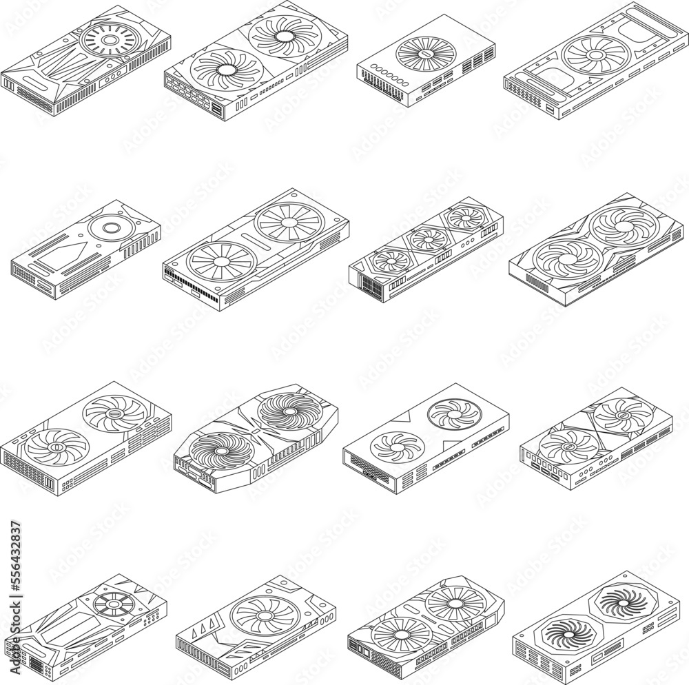 Poster graphics card icons set. isometric set of graphics card vector icons for web design isolated on whit