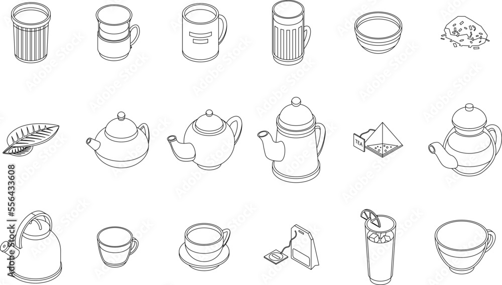 Poster tea icons set. isometric set of tea vector icons for web design isolated on white background outline