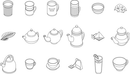 Tea icons set. Isometric set of tea vector icons for web design isolated on white background outline