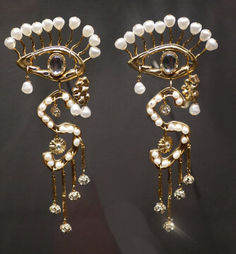 High fashion : Elsa Schiaparelli collection. Jewelry, earrings, golden brass, pearls and stones