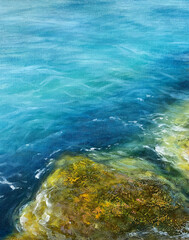 Blue, Green and grey Abstract Art Painting background. Hand drawn oil painting on canvas. Color texture. Fragment of artwork. Brushstrokes and spots of paint. Water, ocean.