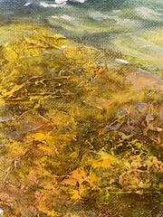 Blue, Green and grey Abstract Art Painting background. Hand drawn oil painting on canvas. Color texture. Fragment of artwork. Brushstrokes and spots of paint. Water, ocean.