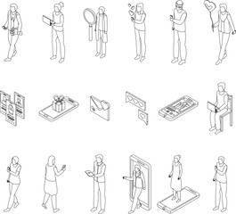 Online dating icons set. Isometric set of online dating vector icons for web design isolated on white background outline