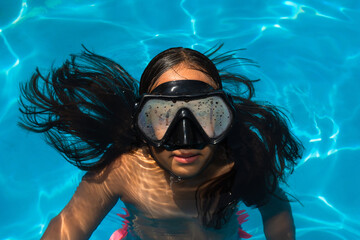 Girl wearing a scuba mask while floating in a pool