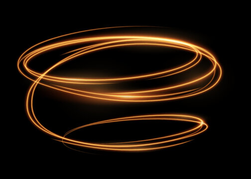 Glowing shiny spiral line effect, glowing abstract light speed motion effect. Light painting magic glow. Shiny wavy trail. Curly gold spirals, motion of twinkling sparkle rays