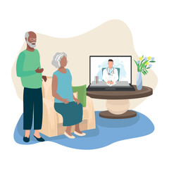 The doctor consults an elderly patient via online video communication. The doctor writes a prescription and prescribes treatment online. Healthcare online. Vector illustration.