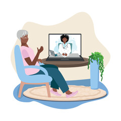 The doctor consults an elderly patient via online video communication. The doctor writes a prescription and prescribes treatment online. Healthcare online. Vector illustration.