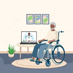 The doctor consults an elderly patient via online video communication. The doctor writes a prescription and prescribes treatment online. Healthcare online. Vector illustration.