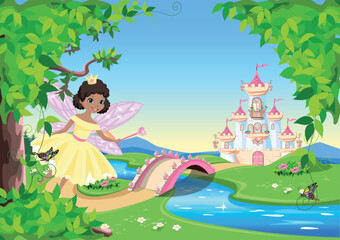 Fototapeta na wymiar Cute little fairy on a fairy tale background with a pink castle, a rainbow and a bridge across the river. Fairy princess with a magic wand. Wonderland. Dreamland. Vector illustration.