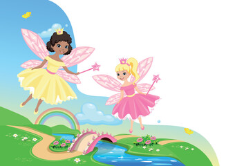 Two cute little fairy on a fairy tale background with a rainbow and a bridge across the river. Fairy princess with a magic wand. Wonderland. Dreamland. Vector illustration.