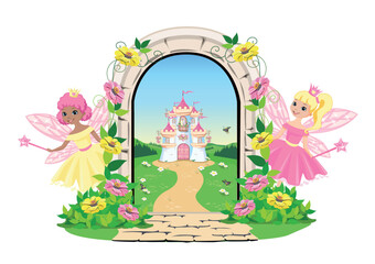 Two cute little fairy on a fairy tale background with a pink castle, a rainbow and a bridge across the river. Fairy princess with a magic wand. Wonderland. Dreamland. Vector illustration.
