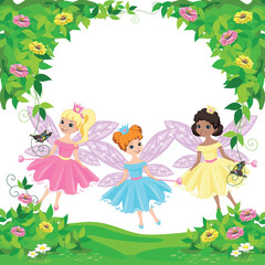Three cute little fairy in the flower garden. Fairy princess with a magic wand. Wonderland. Dreamland. Vector illustration.