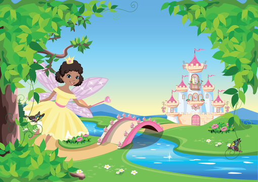 Cute little fairy on a fairy tale background with a pink castle, a rainbow and a bridge across the river. Fairy princess with a magic wand. Wonderland. Dreamland. Vector illustration.