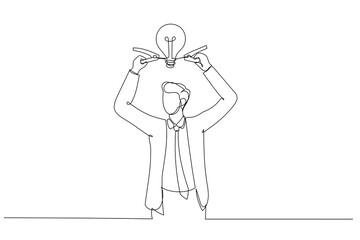 Cartoon of businessman watering seedling plant with lightbulb idea flower concept of new idea. One line art style
