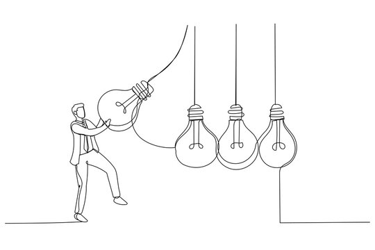 Illustration of businessman manager pull bright lightbulb as pendulum to transfer knowledge. Single continuous line art