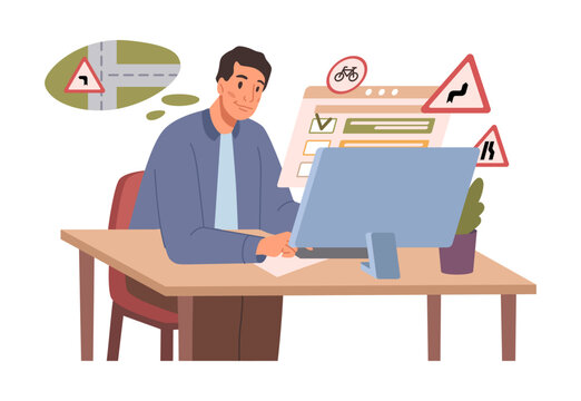 Person passing driver test, sitting at computer screen. Man student learner answering question about road sign, exam in driving school. Flat vector illustration, exam courses at driving school