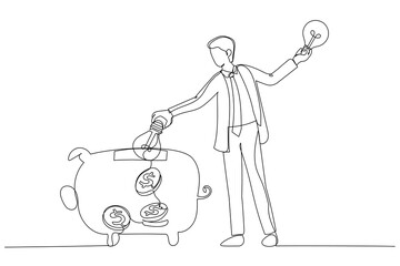 Drawing of businessman rising on bulb balloon try to find opportunity. Single continuous line art style