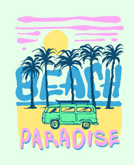 This illustration shows a beautiful beach paradise with a sandy shore and palm trees swaying in the breeze and surfer van with slogan wording for kids merchandise - obrazy, fototapety, plakaty