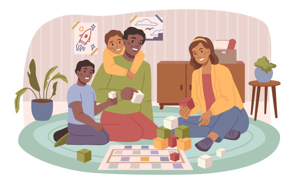 Board games family activity at home. Vector illustration of parents with kids sitting on floor and playing games together. Spend time with mother and father, girl and boy at home, flat cartoon style