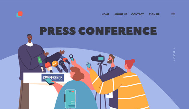 Press Conference Landing Page Template. Mass Media, Tv Broadcasting Event With Journalists Listening Black Man