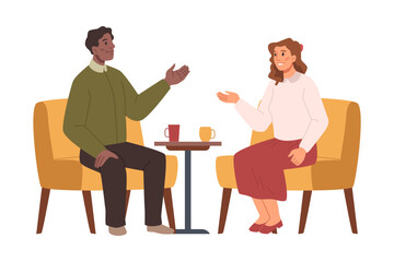 Fototapeta premium Businessman or celebrity character sitting on chair and giving an interview to female journalist. Press conference, live report, people sitting at table with coffee and talking