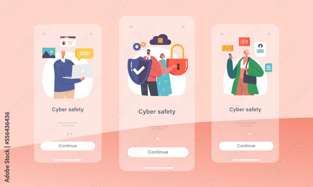 Poster cyber safety mobile app page onboard screen template. computer security, internet privacy, data prot