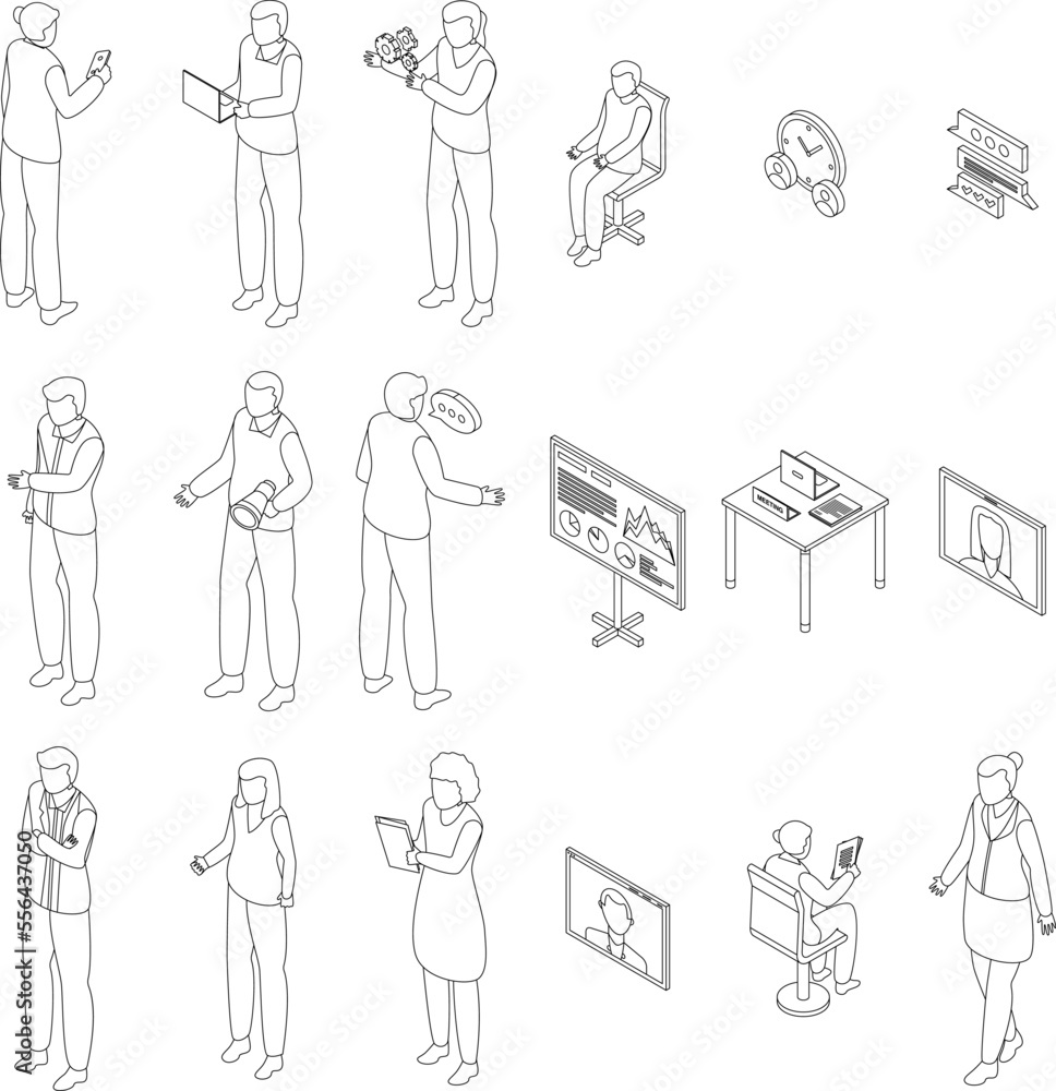 Poster meeting icons set. isometric set of meeting vector icons for web design isolated on white background