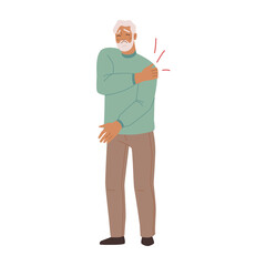 Grandfather with pain in shoulder, isolated senior man with painful feelings in body parts. Aging male personage with health problems. Flat cartoon character, vector illustration