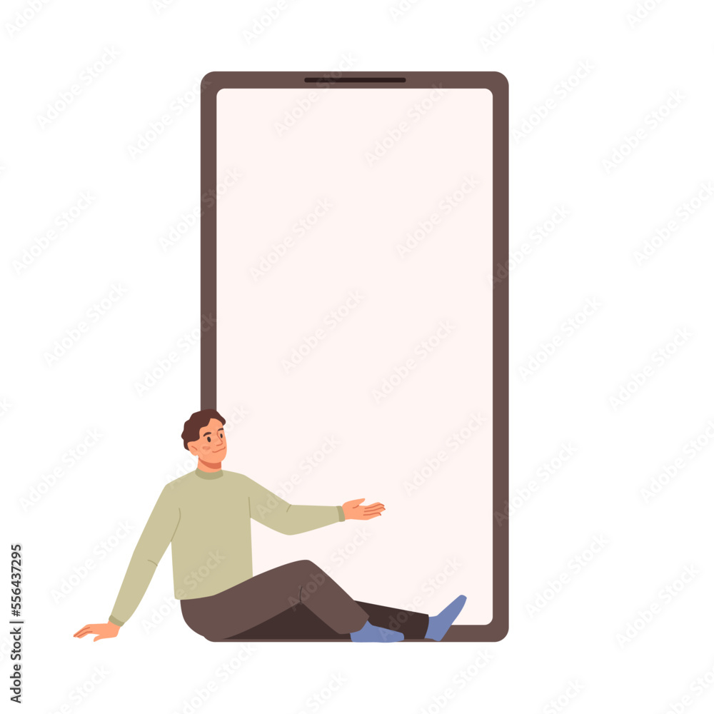 Poster small man shows empty display on mobile smartphone, flat cartoon vector illustration. vector guy wit