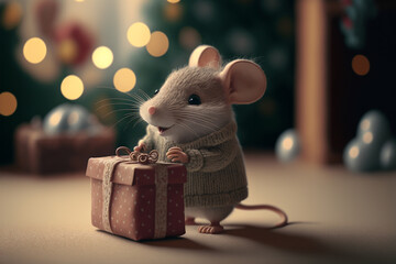 Portrait of mouse with santa hat illustration, small cute mouse with bokha background on christmas day