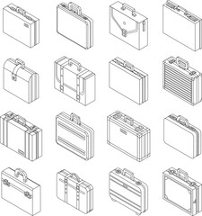 Briefcase icons set. Isometric set of briefcase vector icons for web design isolated on white background outline