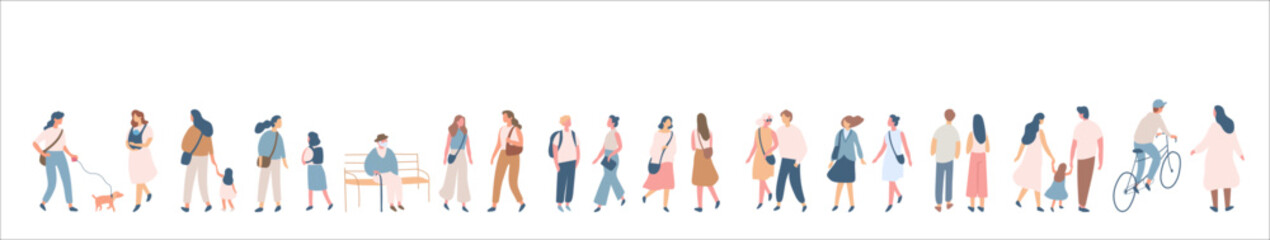 Obraz premium Background people vector horizontal banner. People silhouette crowd. Men and women, parents, kids walking outdoor..