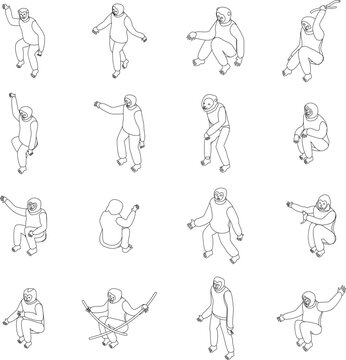 Gibbon icons set. Isometric set of gibbon vector icons for web design isolated on white background outline