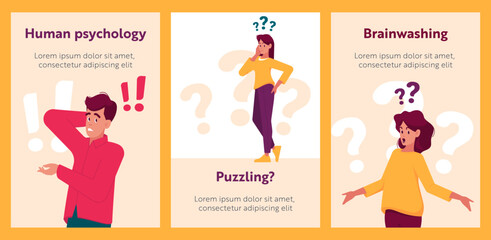 Puzzled People Cartoon Banners, Doubtful Male and Female Characters with Exclamation and Question Marks Thinking
