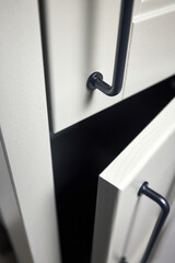 Grey moss solid ash wood painted cupboard cabinet doors modern interior with doorknob black...
