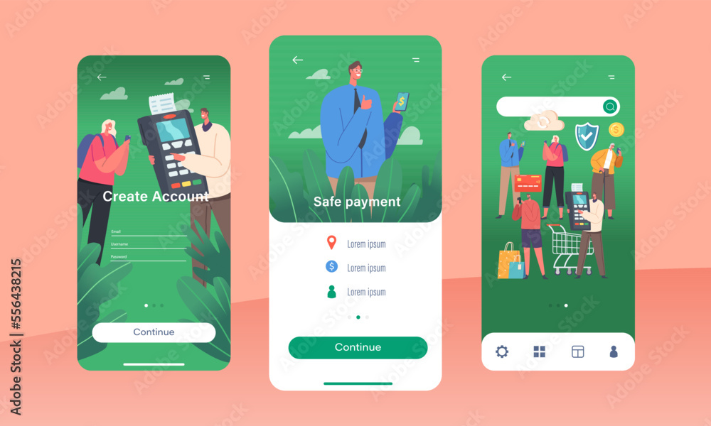Poster safe payment mobile app page onboard screen template. customer characters hold digital gadgets and u