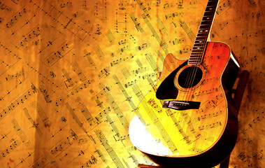 musical notes wrap around a classic guitar in an old attic