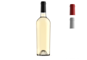 Bottle of white wine, tipe bordolese deco 75cl, alpha channel background, with stackable capsules on transparent, to make packshot and mockup, 3d rendering.