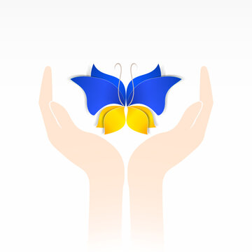 Butterfly of the colors of the Ukrainian national flag in human hands isolated on white background. Conceptual Vector illustration.