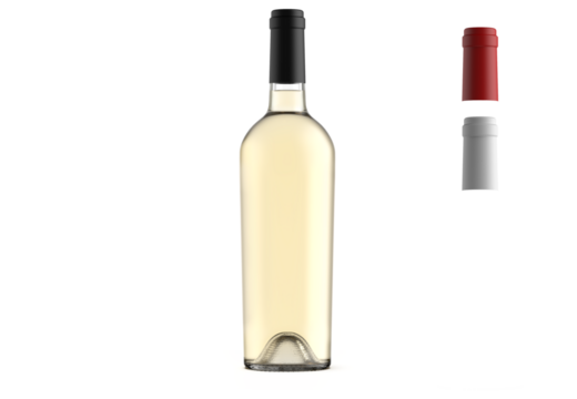 Bottle of white wine, tipe bordolese deco 75cl, alpha channel background, with stackable capsules on transparent, to make packshot and mockup, 3d rendering.