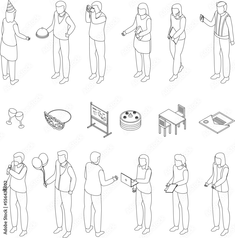Poster event management icons set. isometric set of event management vector icons for web design isolated o