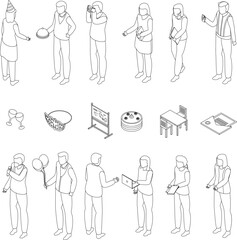 Event management icons set. Isometric set of event management vector icons for web design isolated on white background outline