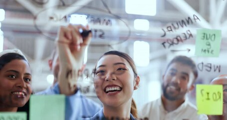 Call center, team planning and meeting for corporate telemarketing, sticky note agenda and brainstorming a strategy. Customer service, coaching and Asian employee with the presentation of an idea