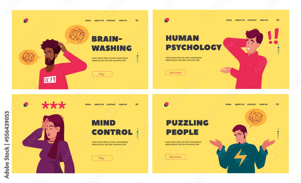 Aufkleber puzzled people landing page template set. doubtful characters with exclamation and question marks th