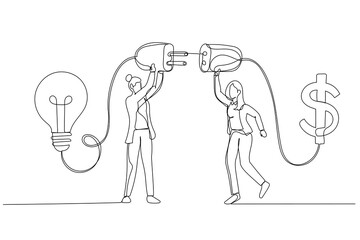 Cartoon of businesswoman connect lightbulb with money dollar sign concept of financial support. Single continuous line art style