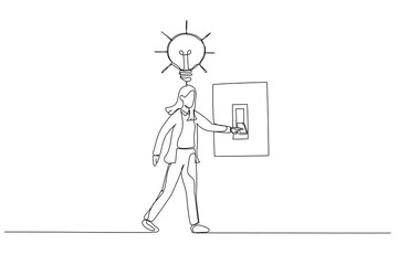 Cartoon of businesswoman switching on the switch to turn on lightbulb lamp over his head concept of inspiration. Continuous line art style